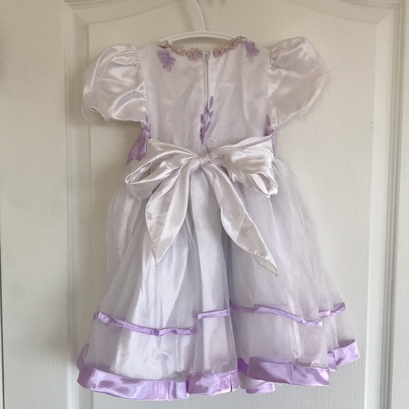 Girl's Fancy White Short Sleeve Dress with Purple Satin Ribbon Trim - Picture 3 of 4